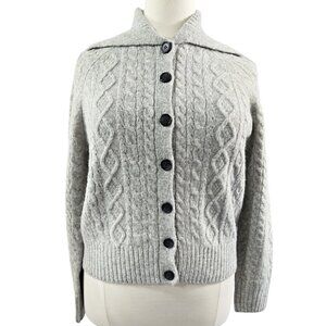 J. Crew Merino Wool Blend Gray Collared Cable Knit Cardigan Cozy Preppy CC004